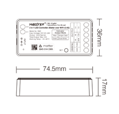 MiBoxer SM2 Matter LED-ohjaimen mittakuva ja ulkomitat