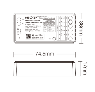 MiBoxer SM5 Matter LED-ohjaimen ulkomitat ja asennusmitat