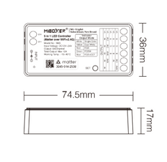 MiBoxer SM5 Matter LED-ohjaimen ulkomitat ja asennusmitat