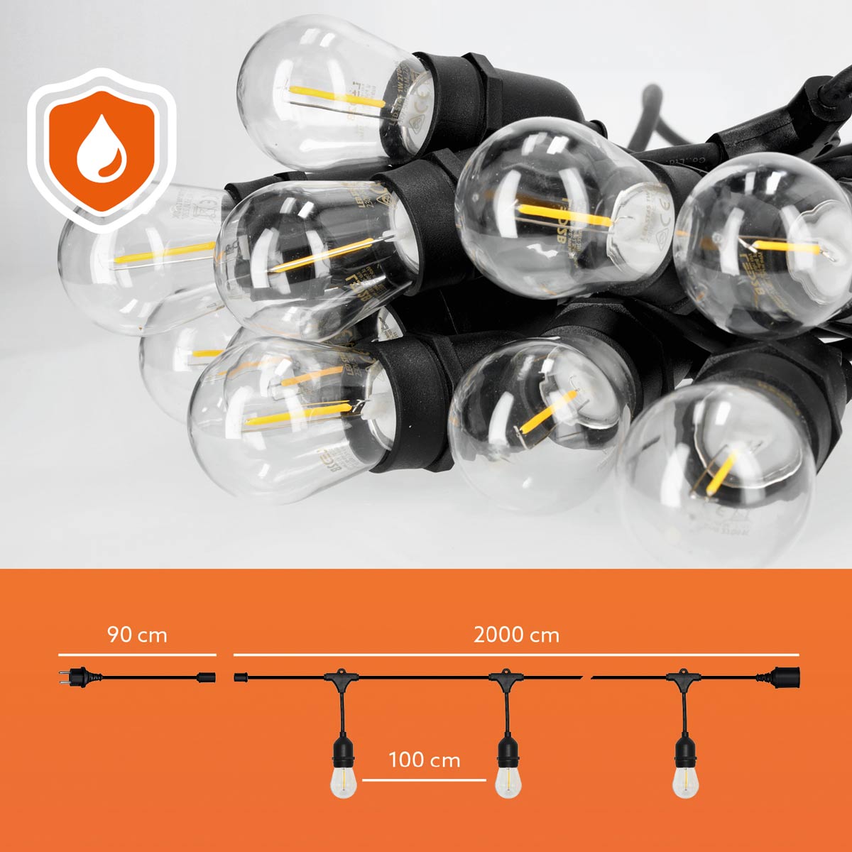 Light chain set MIMOSA2 20m & 20pcs 1W 2700K E27 LED-bulb, IP44 suitable for outdoor use