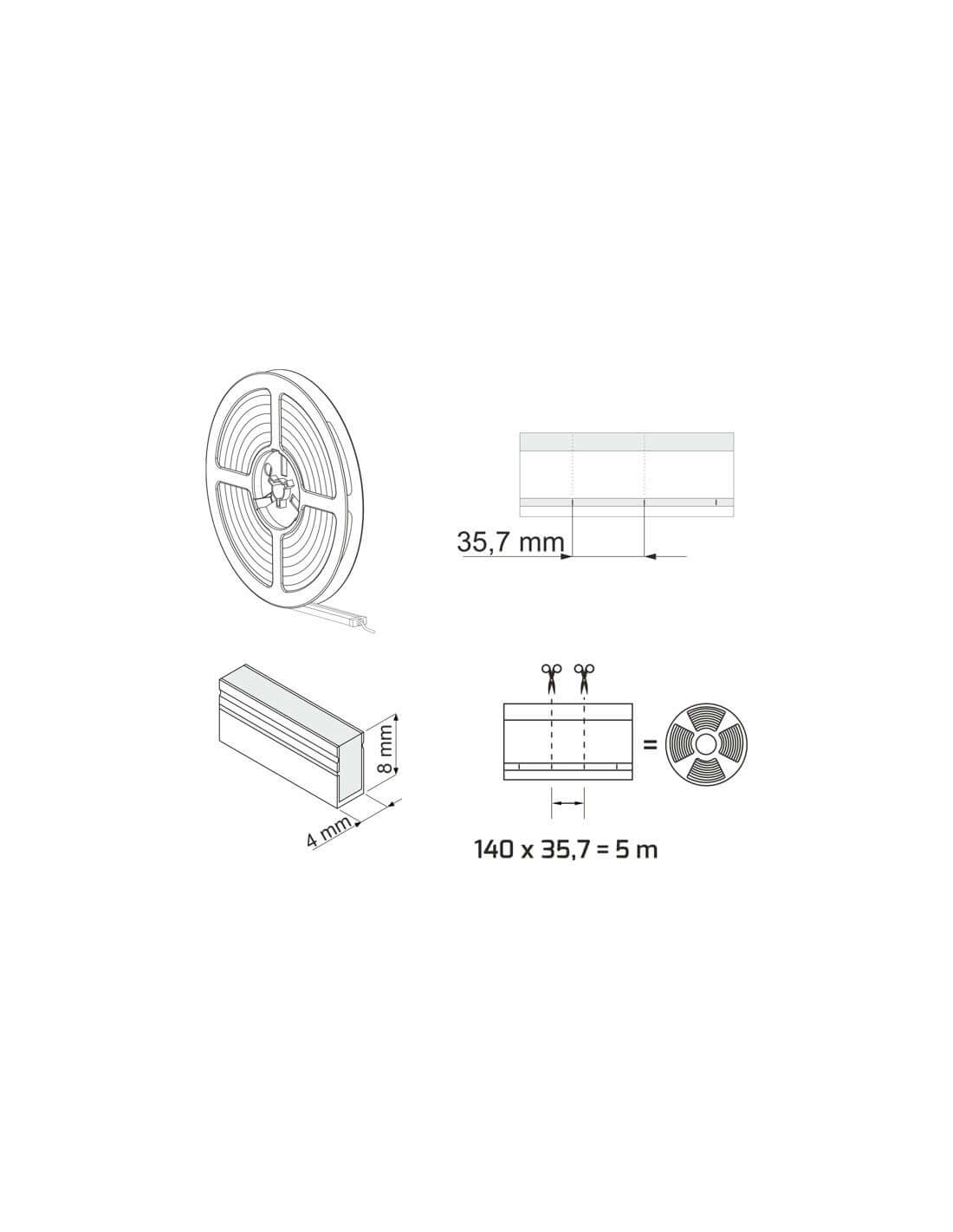Kosteussuojattu LED-valonauha 24V, mitat 35,7 mm x 4 mm, sisältää 5 m valonauhaa.