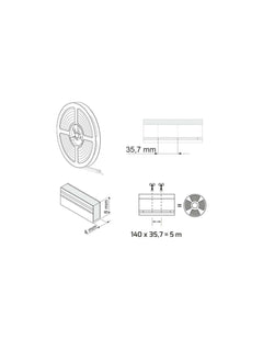 Kosteussuojattu LED-valonauha 24V, mitat 35,7 mm x 4 mm, sisältää 5 m valonauhaa.