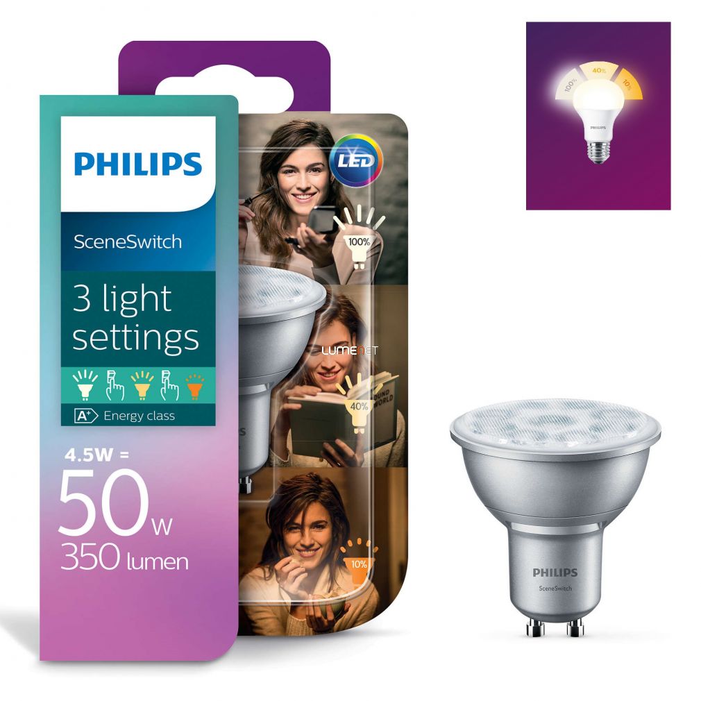 GU10 Philips SceneSwitch LED polttimo 4.5W 2.8W 1.3W 3 STEP DIM Valotehdas