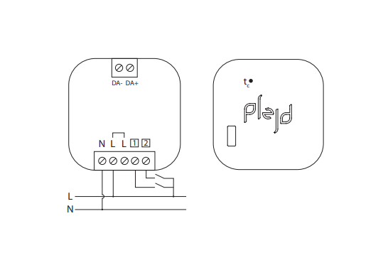 Plejd DAL-01 Bluetooth DALI-ohjain valaistukselle, tekniset piirustukset laitteen liitännöistä.