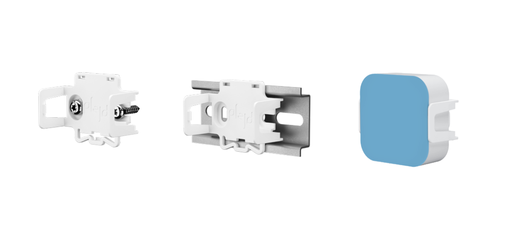 Plejd MNT-01 asennus DIN-kiskoon tai suoraan seinään. Kiinnike mahdollistaa Plejd-moduulien siistin ja tukevan asennuksen sähkökeskukseen tai seinäpintaan.