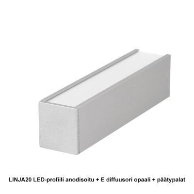 LINJA20 LED-profiili pinta-asennettava, anodisoitu, opaalilla diffuusorilla ja päätypaloilla