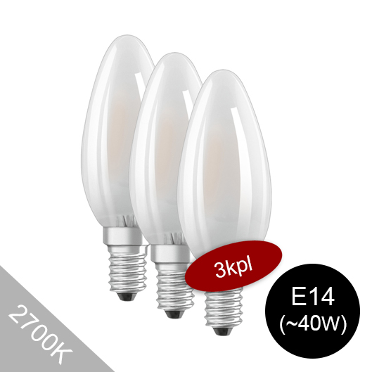 3kpl paketti E14 2700K Osram LED-polttimoita, 2700K lämmin valkoinen valonsävy, E14 kynttilälamput