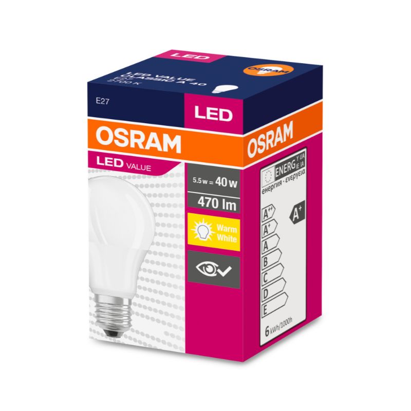OSRAM LED VALUE A40 E27 5,5W LÄMMIN VALKOINEN 2700K